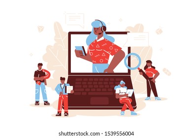 Concept customer service, hotline operator advises client for web page, banner, presentation, social media. Online global technical support 24\7. Vector illustration Idea of advice, help, assistant