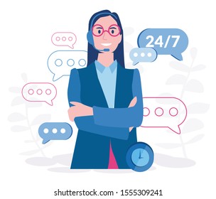 Concept customer service, hotline operator advises client for web page, banner, presentation, social media. Online global technical support 24/7. Vector illustration Idea of advice, help,  assistance.