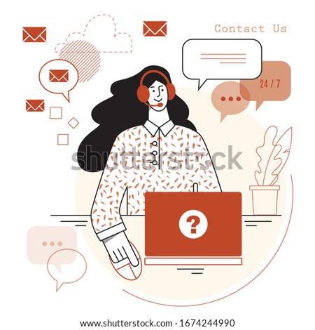 Concept customer service, hotline operator advises client for web page, banner, presentation, social media. Online global technical support 24/7. Vector illustration Idea of advice, help, assistance.