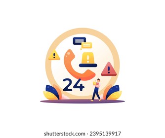 Konzept des Kundendienstes und Benutzerhilfezentrums. Callcenter und Notrufe. 24-Stunden-Service. Kundenbetreuung per Telefon. Design des Illustrationskonzepts. grafische Elemente. Vektorgrafik
