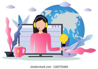 Concept customer support is shown. The operator, online technical support 24-7 is shown for website. The hotline operator gives advises for clients or helps them online. 