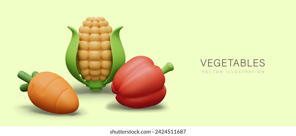 Concept with cute 3D vegetables. Fresh natural products. Advertising layout