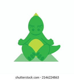 Concept of cute cartoon dinosaur doing yoga. Dinosaur sits in pose lotos on sports mat. Vector illustration. Design element isolated on white background.