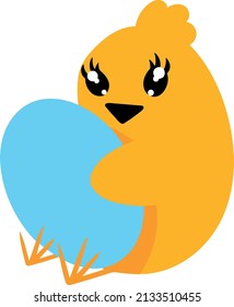 Concept of cute chicken hugging egg. Vector illustration. Cartoon chick with egg. Image isolated on white background. Design element for postcards menu posters brochures print.