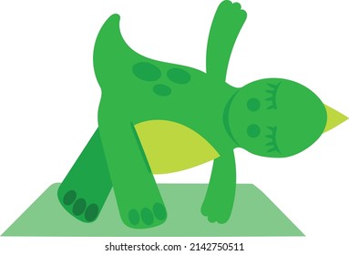 Concept of cute dinosaur stretching. Vector illustration isolated on white background. Dinosaur doing yoga on mat. Design element for postcard website menu.