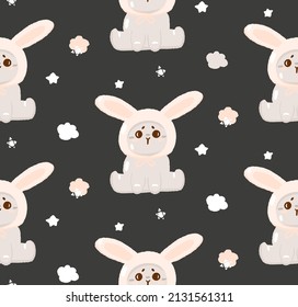 Concept cute easter bunny seamless pattern, spring religious holiday banner, rabbit egg hunt icon, cartoon hare doodle vector illustration, texture background. Happy childhood time, texture decoration