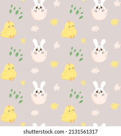 Konzept süße Osterbisse, nahtloses Muster, Frühlingsfreibanner für religiöse Feiertage, Kanincheneier-Jagdsymbol, Cartoon Hare doodle Vektorgrafik, Texturhintergrund. Fröhliche Kindheit, Dekoration
