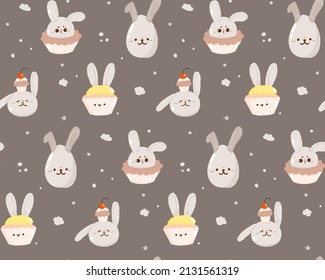 Concept cute easter bunny seamless pattern, spring religious holiday banner, rabbit egg hunt icon, cartoon hare doodle vector illustration, texture background. Happy childhood time, texture decoration
