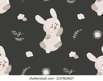 Concept cute easter bunny seamless pattern, spring religious holiday banner, rabbit egg hunt icon, cartoon hare doodle vector illustration, texture background. Happy kindergarten texture decoration.