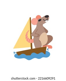 Concept of cute floating rat on yacht. Vector illustration. Sailing rat on white background. Design element. Flat simple style.