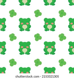 Concept of cute frog pattern. Repeating joyful frogs and green flowers. White background. Vector illustration. Design element.