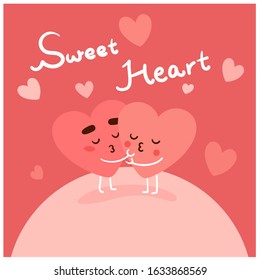 Concept of cute heart fall in love. Kiss each other.Vector flat illustration. Valentine's day card