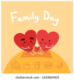 Concept of cute heart fall in love. Family day. Heart family having a picnic. Vector flat illustration. Valentine's day card
