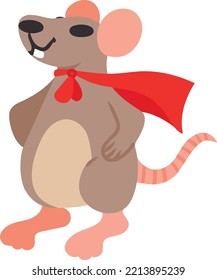 Concept of cute superhero mouse. Flat vector illustration. Rat design element for decoration of childrens products menu poster websites. Isolated on white background.