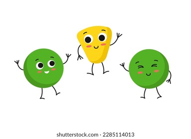 Concept de maïs végétalien mignon mignon et de pois de légumes. Le concept est une illustration vectorielle à plat de graines de maïs végétalien et de pois, qui ont été créées à l'aide d'éléments de dessin animé. Illustration vectorielle.
