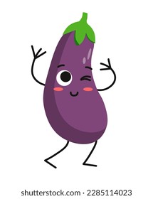 Concept Cute vegan food eggplant vegetable. The concept of this design is a flat vector illustration of a cute eggplant character, which has been created using cartoon elements. Vector illustration.