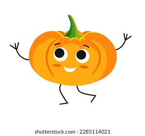 Concept Cute vegan food pumpkin vegetable. The concept of this design is a flat vector illustration of a cute pumpkin character, which has been created using cartoon elements. Vector illustration.