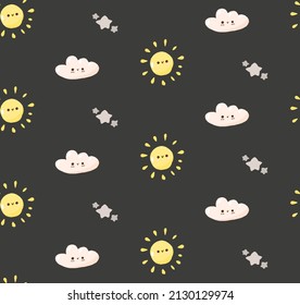 Concept cute weather seamless pattern, doodle sun, star and cloud icon, cartoon vector illustration background. Kindergarten texture decoration, wallpaper happy childhood time.