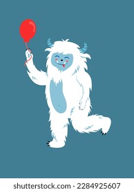 Concept Cute Yeti with a red balloon This vector illustration showcases a charming flat scene with a playful cartoon Yeti holding onto a red balloon. Vector illustration.