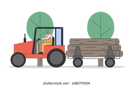 Concept Of Cutting Trees. Professional Sawmill Worker Carries Huge Logs On Tractors Trailer For The Further Processing. Global Deforestation. Cartoon Linear Outline Flat Style. Vector Illustration