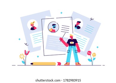 Concept CV, Human Resources, Recruitment for web page, banner, presentation, social media, documents, cards, posters.Vector illustration filling out resumes, hiring employees, people fill out the form