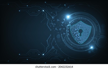 Concept of cyber attack design.Cyber security destroyed.Shield destroyed on electric circuits  network dark blue.Information leak concept.Vector illustration.