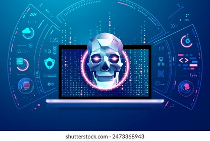 concept of cyber attack, graphic of low poly skull with cyber security elements