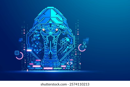 concept of cyber attack or hacker, graphic of futuristic snake presented in computer hacker character