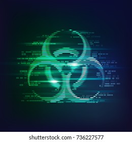 concept of cyber attack, internet piracy and hacking, biohazard symbol combined with binary code