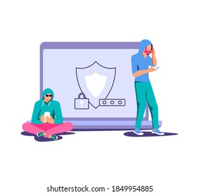 Concept of cyber attack and phishing scam. Digital thiefs steals money or password, private personal data, credentials from an electronic account. Flat Art Vector Illustration