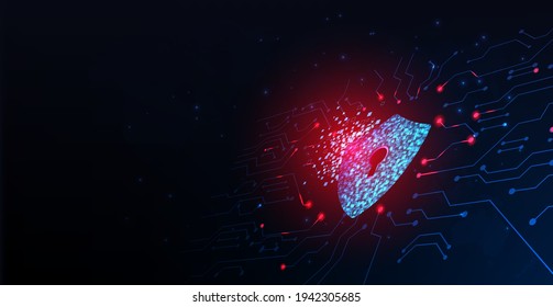 Concept of cyber attack.Cyber security destroyed.Shield destroyed on electric circuits  network dark blue.Information leak concept.Vector illustration.