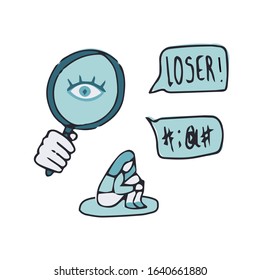 concept of cyber bully watching his victim and write mean words on the phone. hand drawn vector illustartion isolated on white background. 