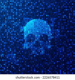concept of cyber crime or cyber attack, graphic of skull with programming script background