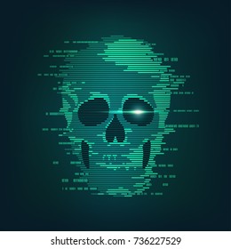 concept of cyber crime, internet piracy and hacking, shape of skull combined with binary code