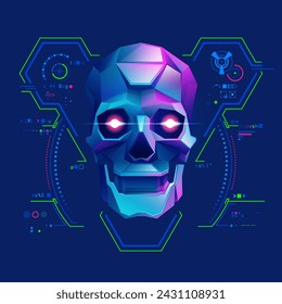 concept of cyber crime or virus computer, graphic of low poly skull with futuristic programming interface