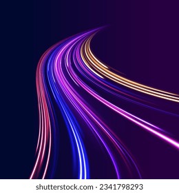 Concept of cyber highway, digital hyperspace or speed of light. 3d speedy neon background design with ultra violet and blue laser light. Radial motion blur background. Long time exposure vector. 