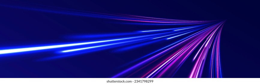 Concepto de ciberautopista, hiperespacio digital o velocidad de la luz. Fondo de desenfoque de movimiento radial. 3 d diseño rápido de fondo neón con luz láser ultra violeta y azul. Vector de exposición a largo plazo. 