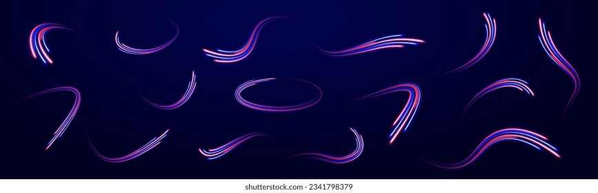 Concept of cyber highway, digital hyperspace or speed of light. 3d speedy neon background design with ultra violet and blue laser light. Radial motion blur background. Long time exposure vector. 