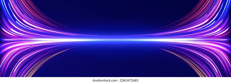 Concept of cyber highway, digital hyperspace or speed of light. Radial motion blur background. 3d speedy neon background design with ultra violet and blue laser light. Long time exposure vector. 