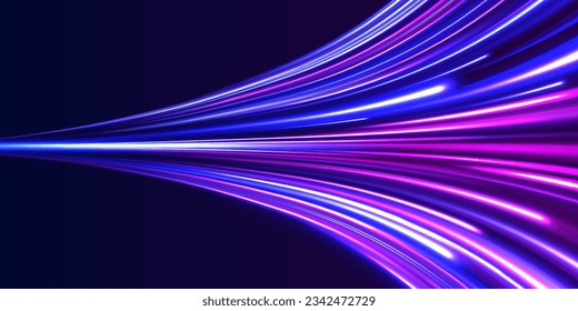 Concepto de ciberautopista, hiperespacio digital o velocidad de la luz. Fondo de desenfoque de movimiento radial. 3 d diseño rápido de fondo neón con luz láser ultra violeta y azul. Vector de exposición a largo plazo. 