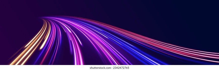 Concept of cyber highway, digital hyperspace or speed of light. Radial motion blur background. 3d speedy neon background design with ultra violet and blue laser light. Long time exposure vector. 