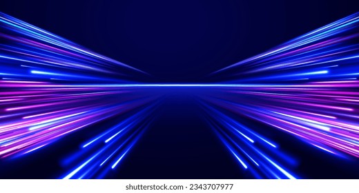 Concept of cyber highway, digital hyperspace or speed of light. 3d speedy neon background design with ultra violet and blue laser light. Radial motion blur background. Long time exposure vector. 