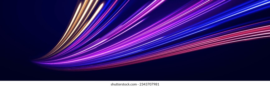 Concept of cyber highway, digital hyperspace or speed of light. 3d speedy neon background design with ultra violet and blue laser light. Radial motion blur background. Long time exposure vector. 