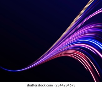 Concept of cyber highway, digital hyperspace or speed of light. 3d speedy neon background design with ultra violet and blue laser light. Radial motion blur background. Long time exposure vector. 