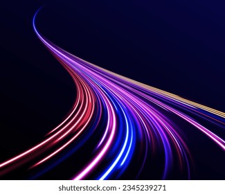 Concepto de ciberautopista, hiperespacio digital o velocidad de la luz. 3 d diseño rápido de fondo neón con luz láser ultra violeta y azul. Fondo de desenfoque de movimiento radial. Vector de exposición a largo plazo. 