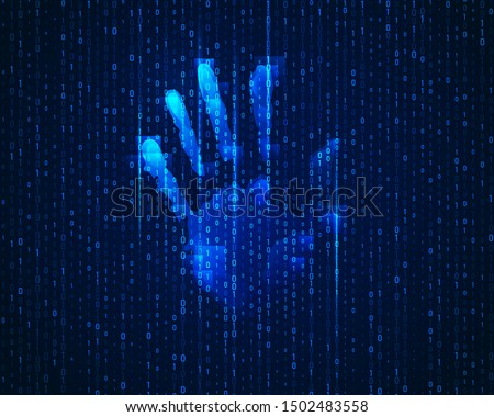 concept of cyber identification, digital handprint with binary code background