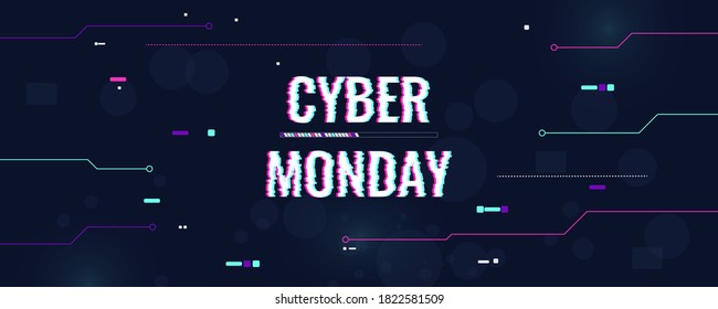 Concept for Cyber Monday, electronics sale. Vector abstract banner, in digital techno style. Dark blue background, with computer bright elements. Copyspace.