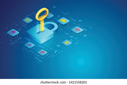 concept of cyber security or access key technology, padlock and key with digital business icons