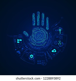 concept of cyber security or biometrics, graphic of futuristic handprint with digital technology icons