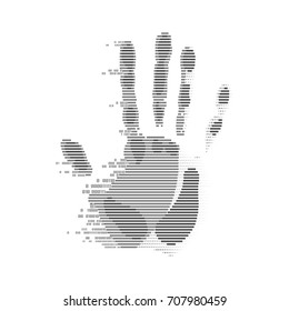 concept of cyber security or biometrics, shape of handprint combined with binary code